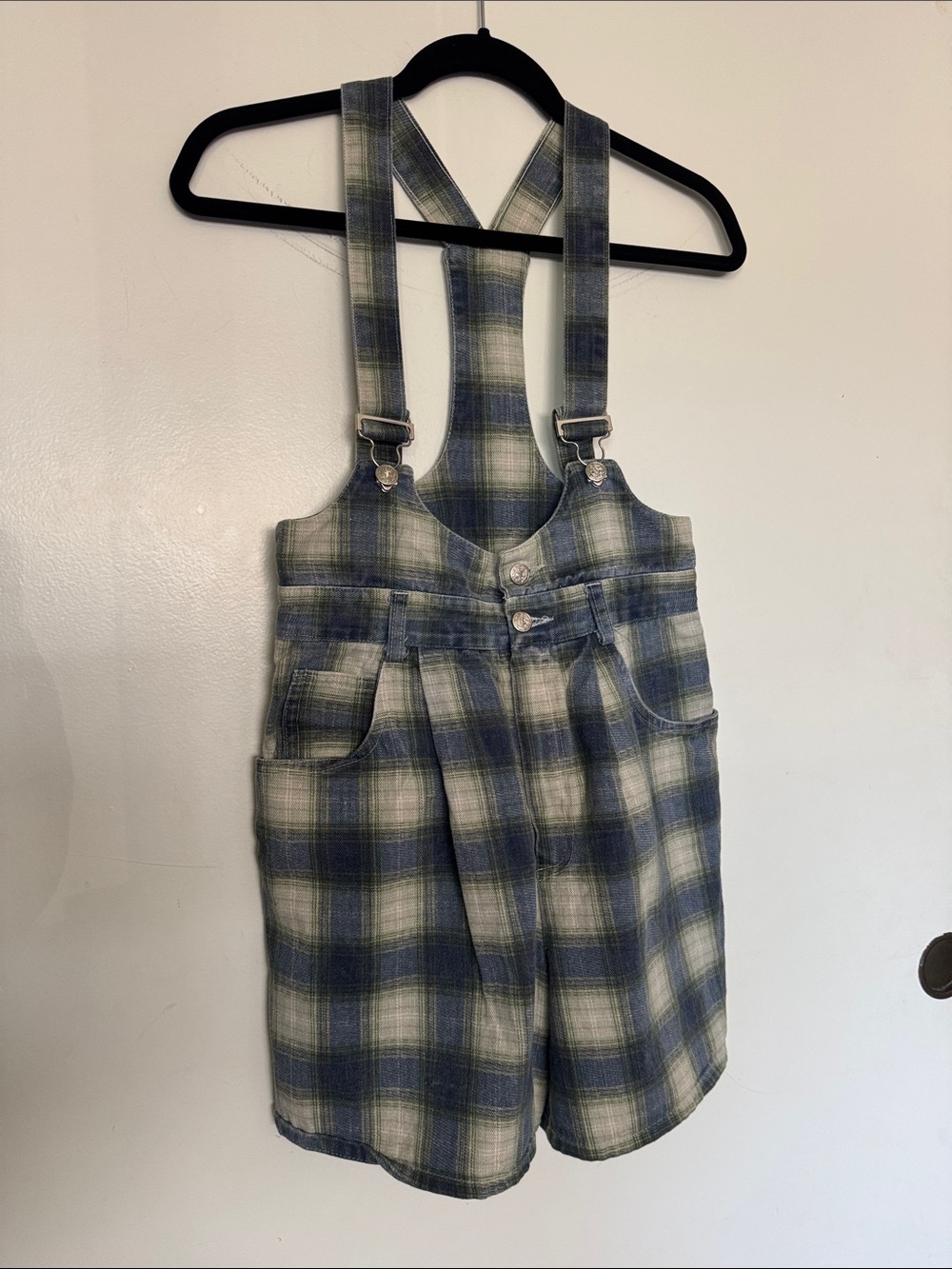 A. Byer Vintage Plaid Short Overalls in Blue and Cream